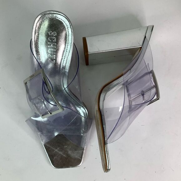 Schutz Madaleni Slide Vinyl  Square Toe Block Heel Silver Sandal Women Sz 8.5B - Picture 2 of 14